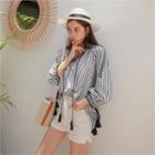 Tasseled Embroidered Striped Blouse