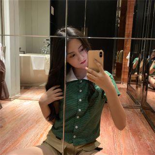 Short-sleeve Striped Button T-shirt Green - One Size