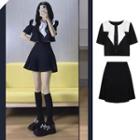Short-sleeve Two-tone Shirt / Mini Pleated Skirt / Set