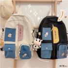 Letter Embroidered Multi-pocket Backpack / Badge / Bag Charm / Set