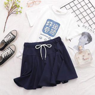 Set: Short-sleeve Chinese Character Print T-shirt + A-line Skirt Set Of 2 - T-shirt & Skirt - White & Navy Blue - One Size