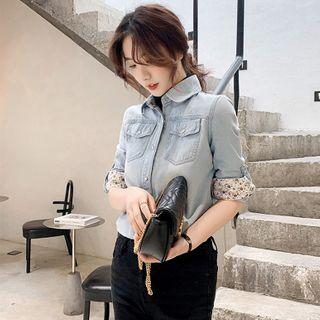Floral Cuff Long Sleeve Denim Shirt