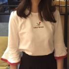 Bell-sleeve Letter Embroidered T-shirt Almond - One Size