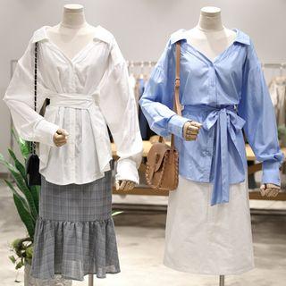 Tie Waist V-neck Long Sleeve Shirt