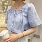Short-sleeve Frill Trim Striped Buttoned Top