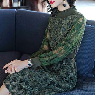 Mock-neck Lace Panel Long-sleeve Midi Dress