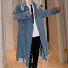 Distressed Double-breasted Long Denim Jacket