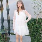 Mesh Long-sleeve A-line Dress White - One Size