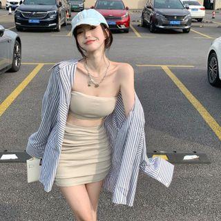 Striped Shirt / Tube Top / Fitted Mini Skirt