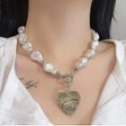 Heart Glass Pendant Faux Pearl Choker Silver & White - One Size