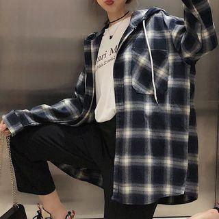 Hooded Plaid Shirt Plaid - Navy Blue - One Size
