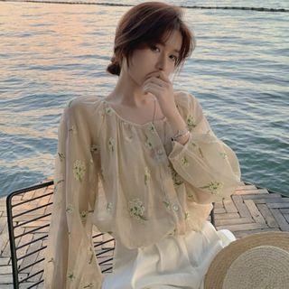 Long-sleeve Floral Embroidered Buttoned Sheer Blouse As Shown In Figure - One Size