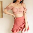 Set: Short-sleeve Off-shoulder Swim Top + Skirt
