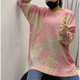 Rhinestone Jacquard Sweater Pink - One Size