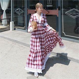 Bell-sleeve Laced Tiered Plaid Maxi Dress