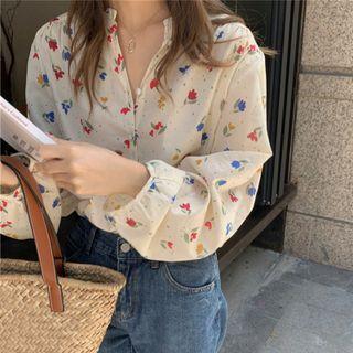 Long-sleeve Puff-sleeve Floral Printed Top As Shown In Figure - One Size