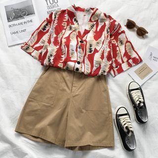 Set: Short-sleeve Printed Blouse + Wide Leg Shorts