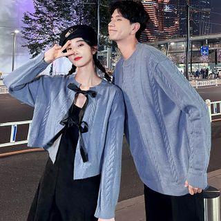 Couple Matching Cable-knit Sweater / Bow Accent Cardigan / Spaghetti Strap Midi A-line Dress / Cropped Straight Leg Pants