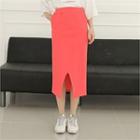 Band-waist Slit Fleece-lined Midi Skirt