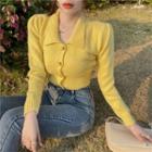 Long-sleeve V-neck Knit Cardigan Yellow - One Size