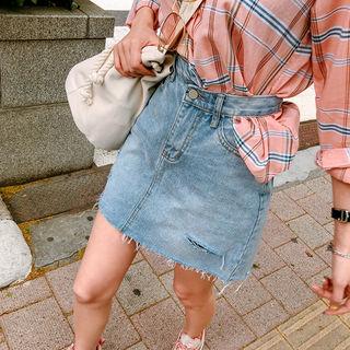 Asymmetric-waist Distressed Denim Miniskirt
