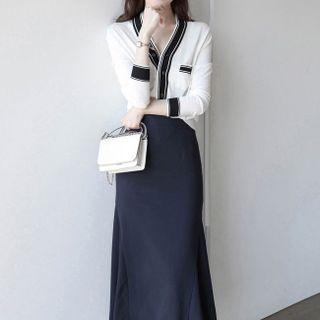 Set: Contrast Trim Cardigan + High-waist Midi Skirt