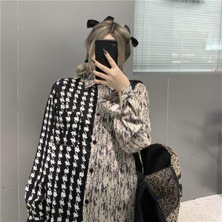 Long Sleeve Wood Print Panel Houndstooth Shirt