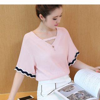 Pleated Trim Short Sleeve Chiffon Top