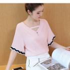 Pleated Trim Short Sleeve Chiffon Top