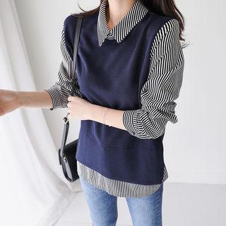 Mock-vest Overlay Stripe Shirt