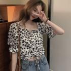 Floral Short-sleeve Drawstring Cropped Blouse As Shown In Figure - One Size