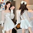 Puff-sleeve Lace-up Back Blouse / A-line Skirt