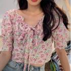 Short-sleeve Floral Print Tie-front Cropped Blouse