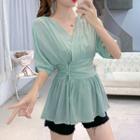 Elbow-sleeve V-neck Peplum Top