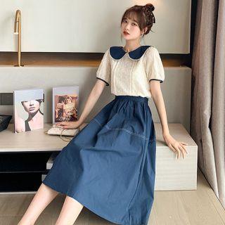 Set: Puff-sleeve Collared Top + Midi A-line Skirt