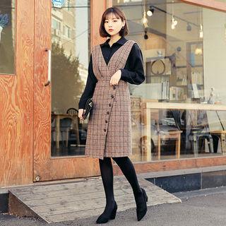 Button-detail Checked Midi Suspender Dress