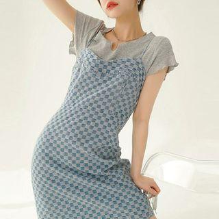 Checkered Denim Mini Overall Dress
