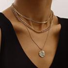 Embossed Disc Pendant Layered Alloy Necklace 1 Pc - Gold - One Size