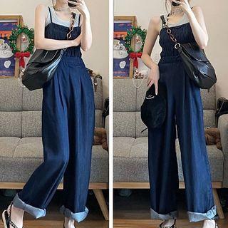 Sleeveless Denim Wide-leg Jumpsuit / Cropped Sweater