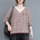 Striped V-neck Sweatshirt Coffee - One Size