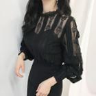 Bishop-sleeve Mock-neck Lace Blouse