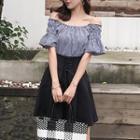 Set: Plaid Off Shoulder Short Sleeve Blouse + High Waist Flared Skirt