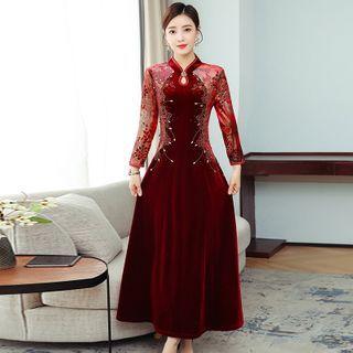 Long-sleeve Mandarin Collar Velvet Midi A-line Dress