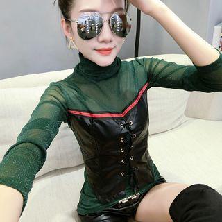 Long-sleeve Turtleneck Faux Leather Panel T-shirt