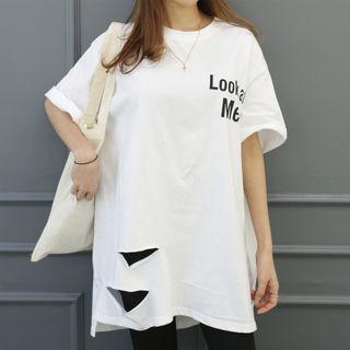 Letter-printed Distressed Long T-shirt