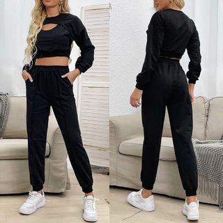 Set: Plain Long Sleeve Cut-out Cropped Top + Pants