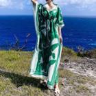 3/4-sleeve Leaf Print Maxi Tunic Dress Green - One Size