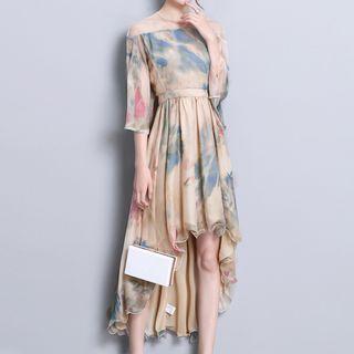 3/4-sleeve Floral Print A-line Dip Back Dress