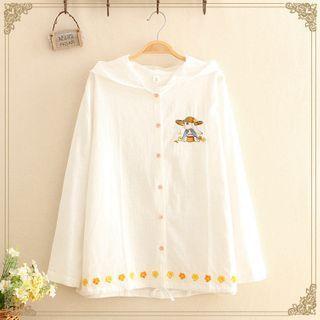 Rabbit Embroidered Hooded Long-sleeve Jacket White - One Size