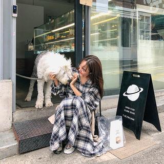 V-neck Plaid A-line Long Dress